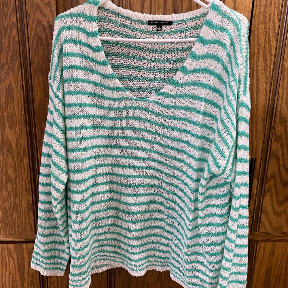 Womens, Staccato, Large, Green/White Striped Sweater
